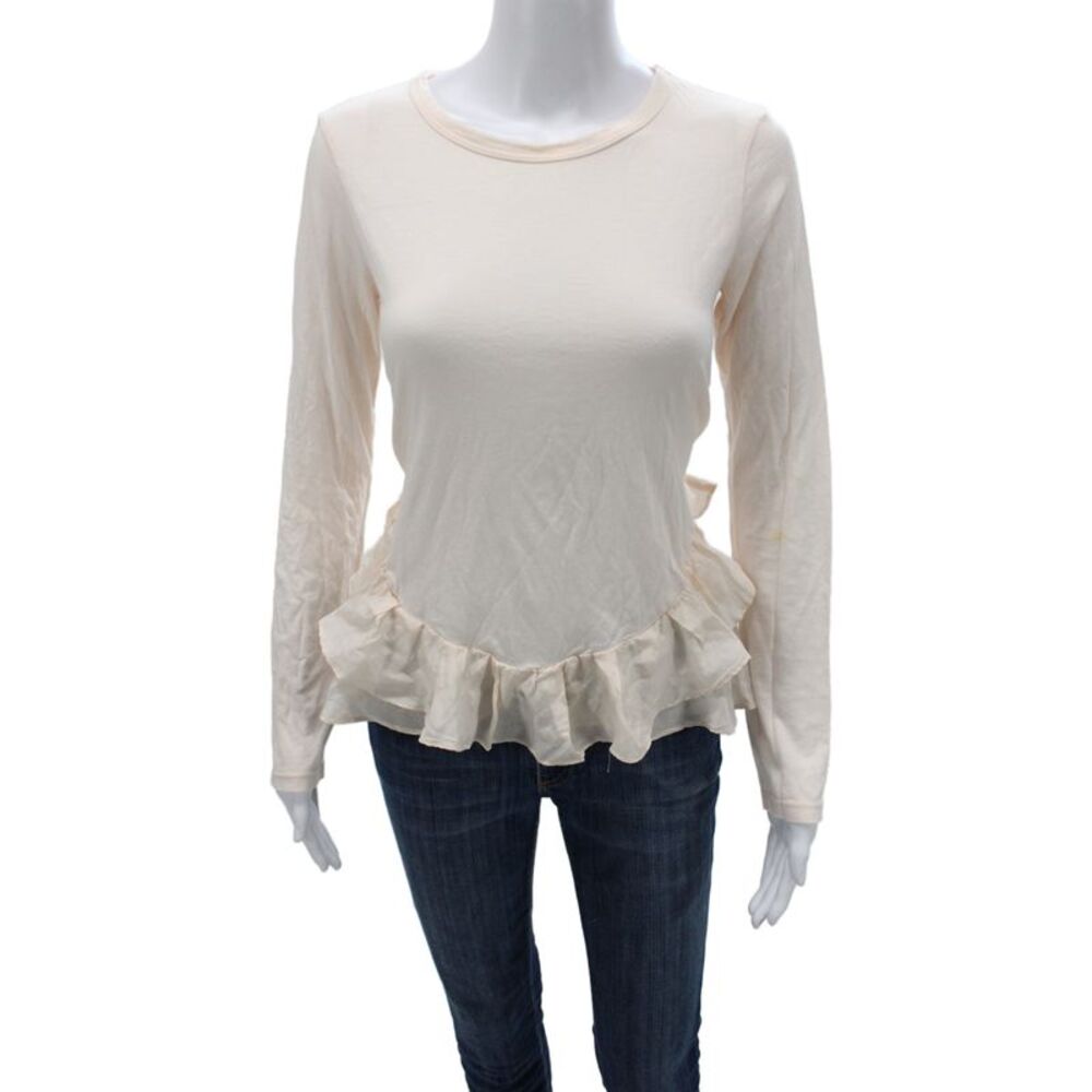 Clu Women Jersey Long Sleeve T-Shirt Beige Round Neck 50% Cotton Size XS